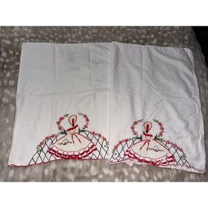 2 Vintage Southern Belle Hand Embroidered Crocheted Red Pillowcases Cottagecore